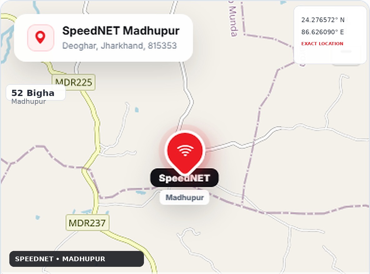 Static map showing SpeedNET Madhupur at 24.276572367890306, 86.6260895132845